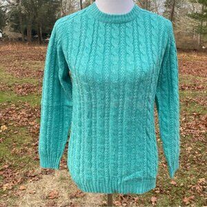 SUSAN BRISTOL VINTAGE SWEATER CREW NECK AQUA BLUE GREEN CABLE KNIT SIZE 36 M